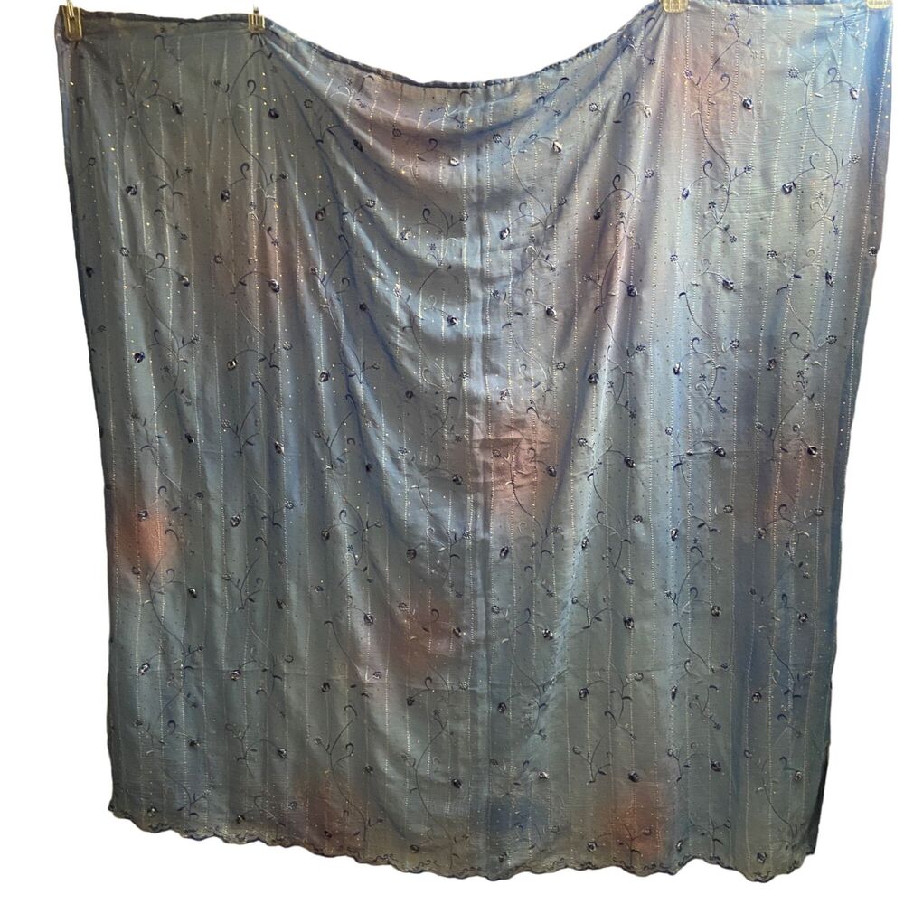 #8058 Lot of 4 Pairs of Blue SHEER Beaded Floral Pattern Clip Curtains 50 X 50